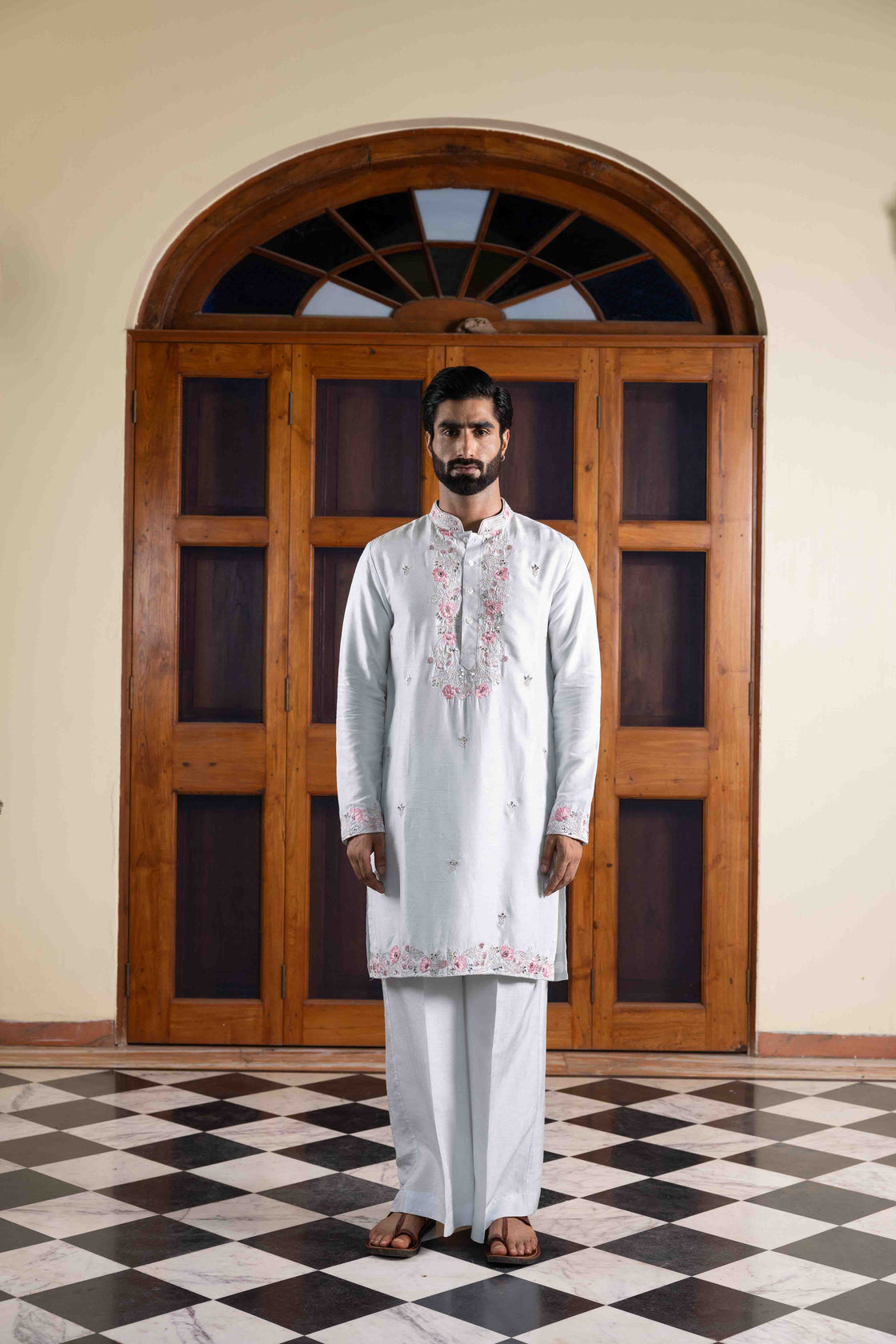 Light steel blue tussar silk kurta with resham, kasab, mirror floral kurta with buttis across with light steel blue tussar silk flared pant Nafsstore