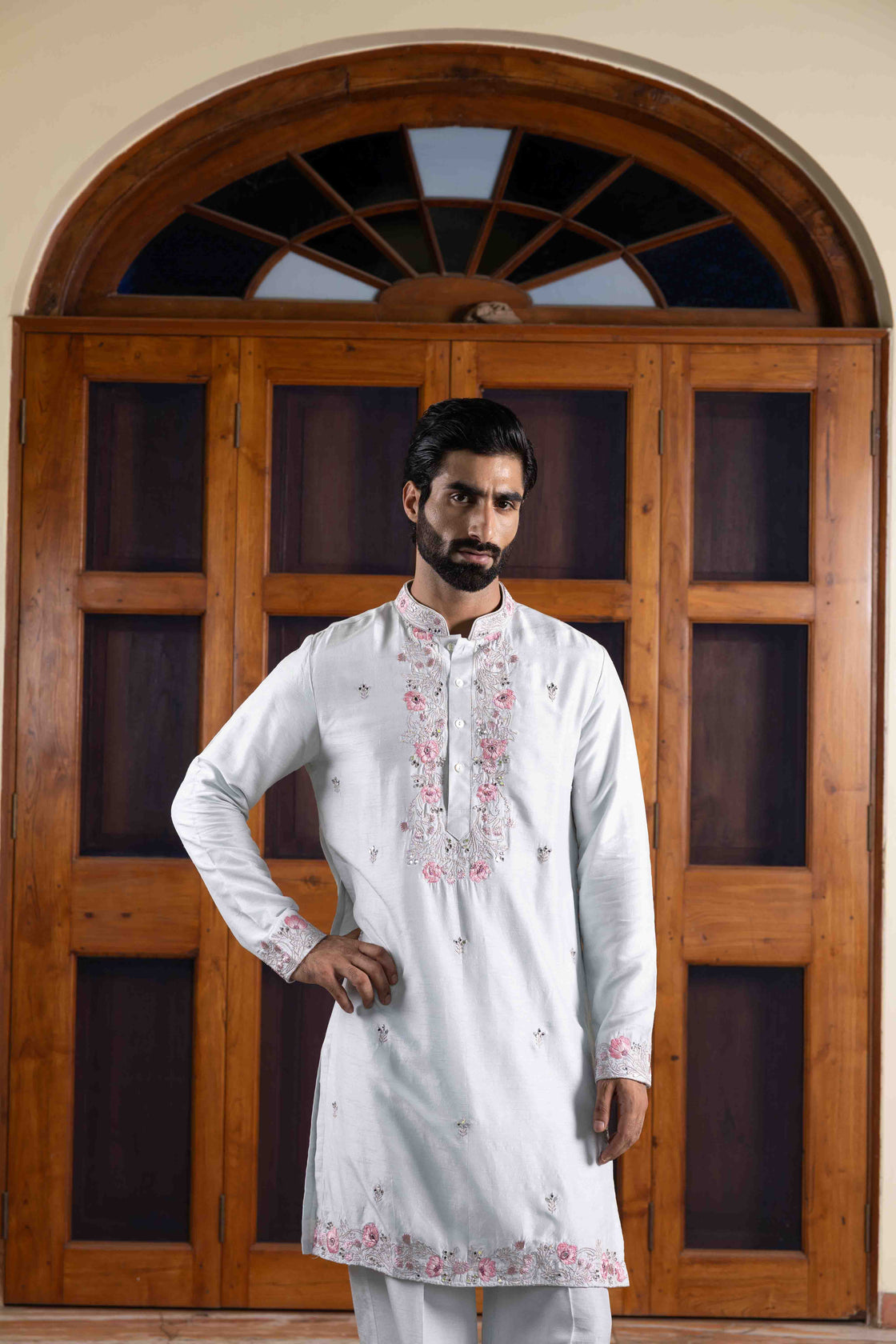 Light steel blue tussar silk kurta with resham, kasab, mirror floral kurta with buttis across with light steel blue tussar silk flared pant Nafsstore
