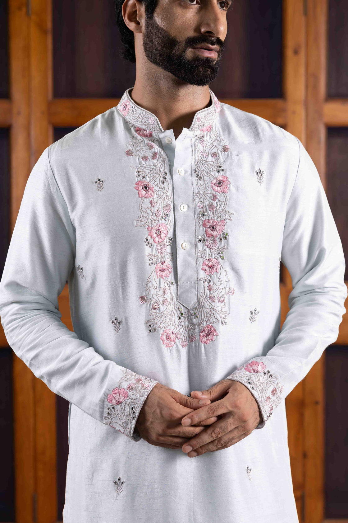 Light steel blue tussar silk kurta with resham, kasab, mirror floral kurta with buttis across with light steel blue tussar silk flared pant Nafsstore
