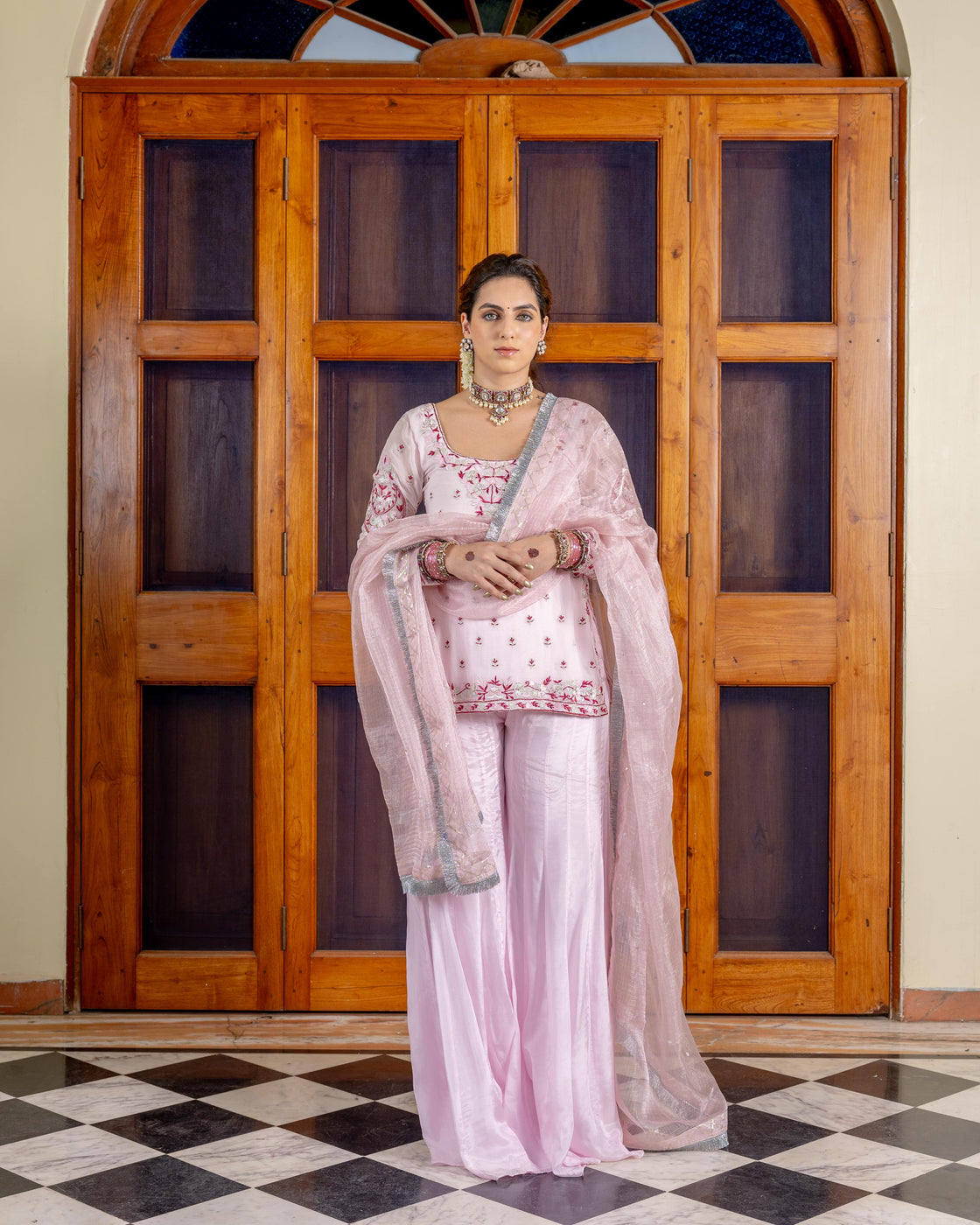 Powder pink georgette kurta with resham, zardozi embroidery paired with silk organza sharara and textured tissue sequin and kiran edges dupatta Nafsstore