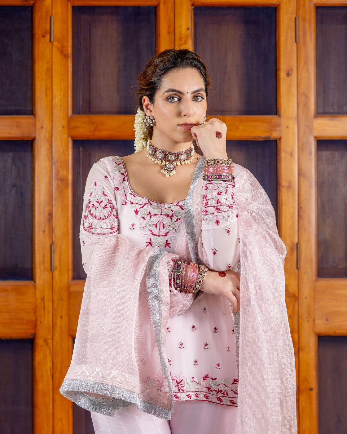 Powder pink georgette kurta with resham, zardozi embroidery paired with silk organza sharara and textured tissue sequin and kiran edges dupatta Nafsstore