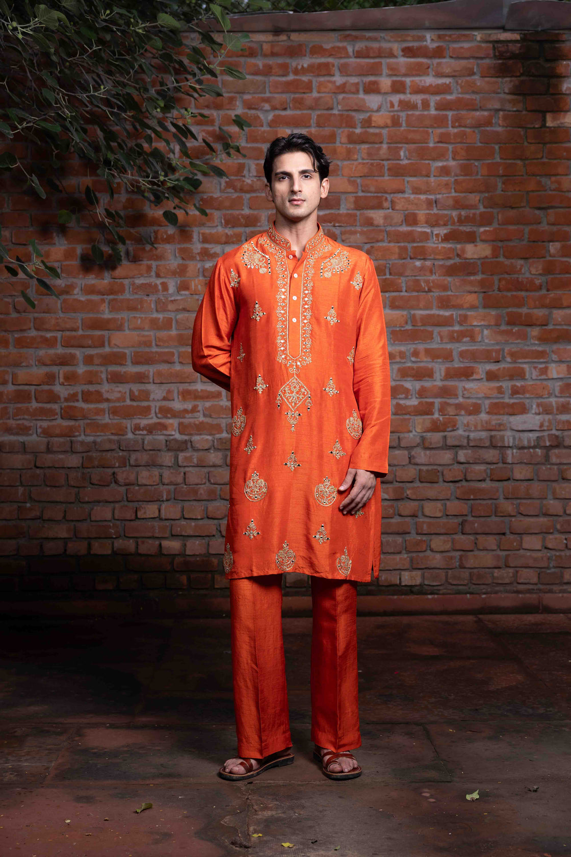 Rust tussar silk kurta with resham, kasab dori and mirror work with rust tussar silk flared pant Nafsstore