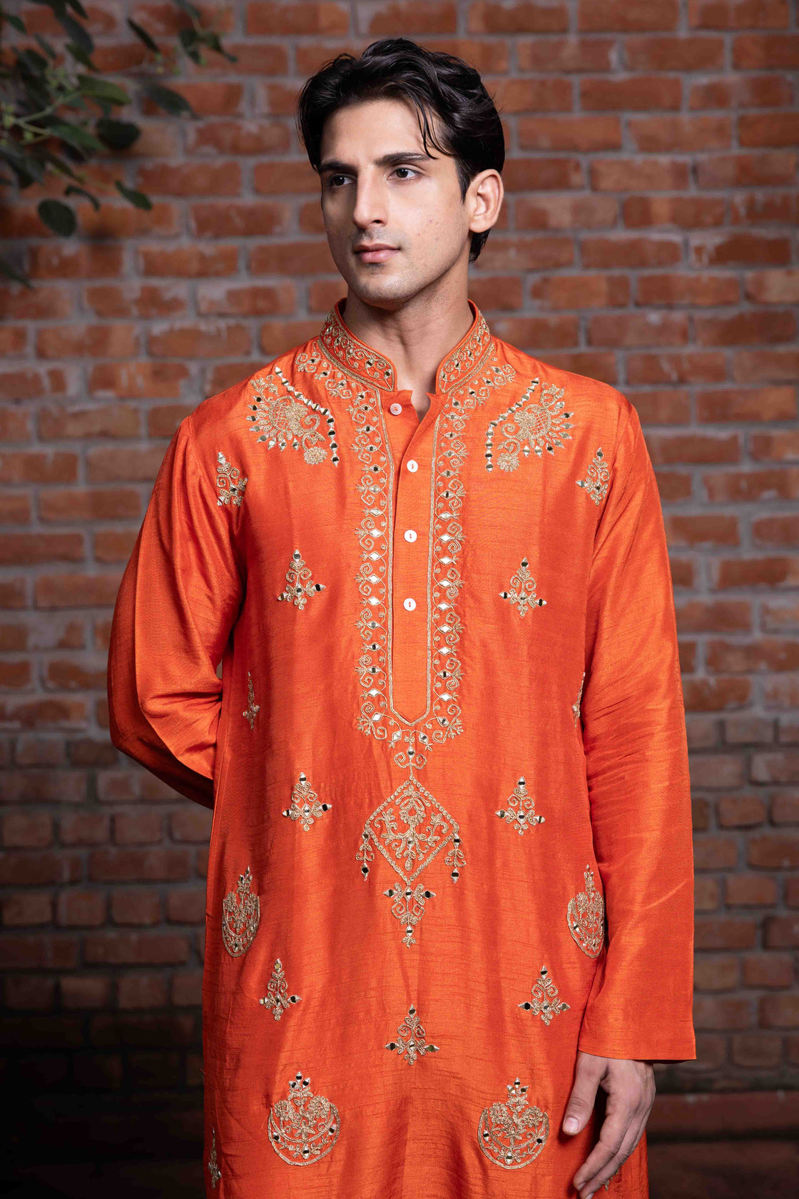 Rust tussar silk kurta with resham, kasab dori and mirror work with rust tussar silk flared pant Nafsstore