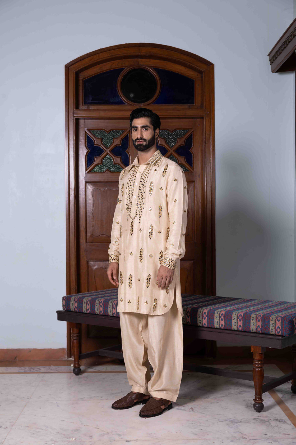 Sand tussar silk kasab and mirror work pathani set Nafsstore