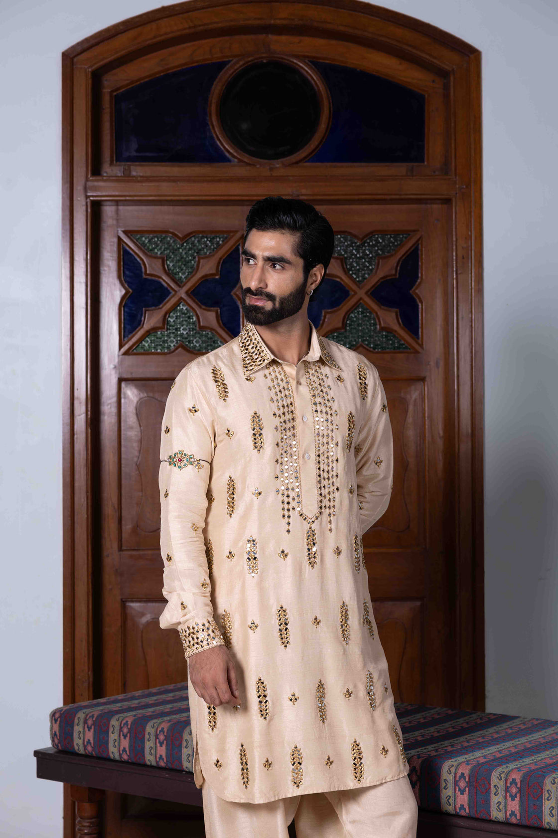 Sand tussar silk kasab and mirror work pathani set Nafsstore