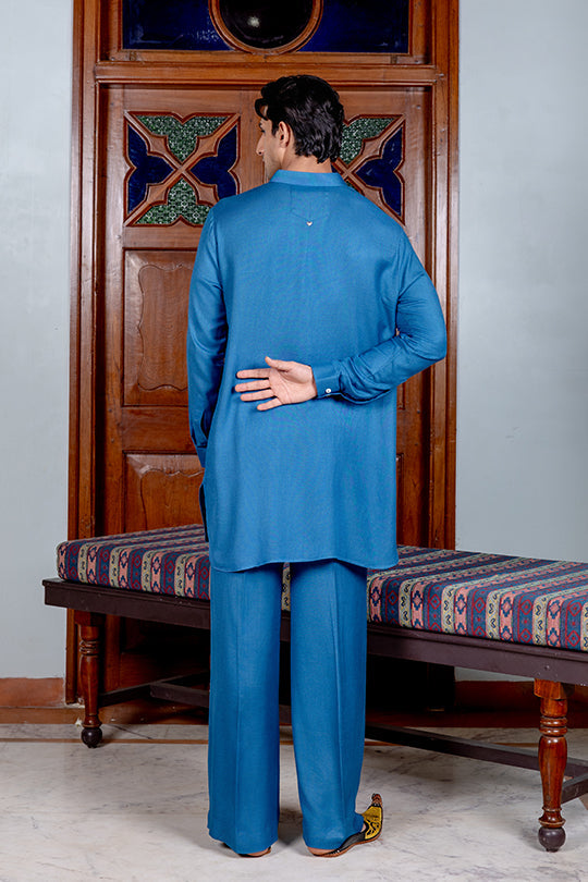 Cobalt blue twill kurta farshi set with zardozi heart detailing Nafsstore