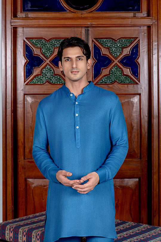 Cobalt blue twill kurta farshi set with zardozi heart detailing Nafsstore