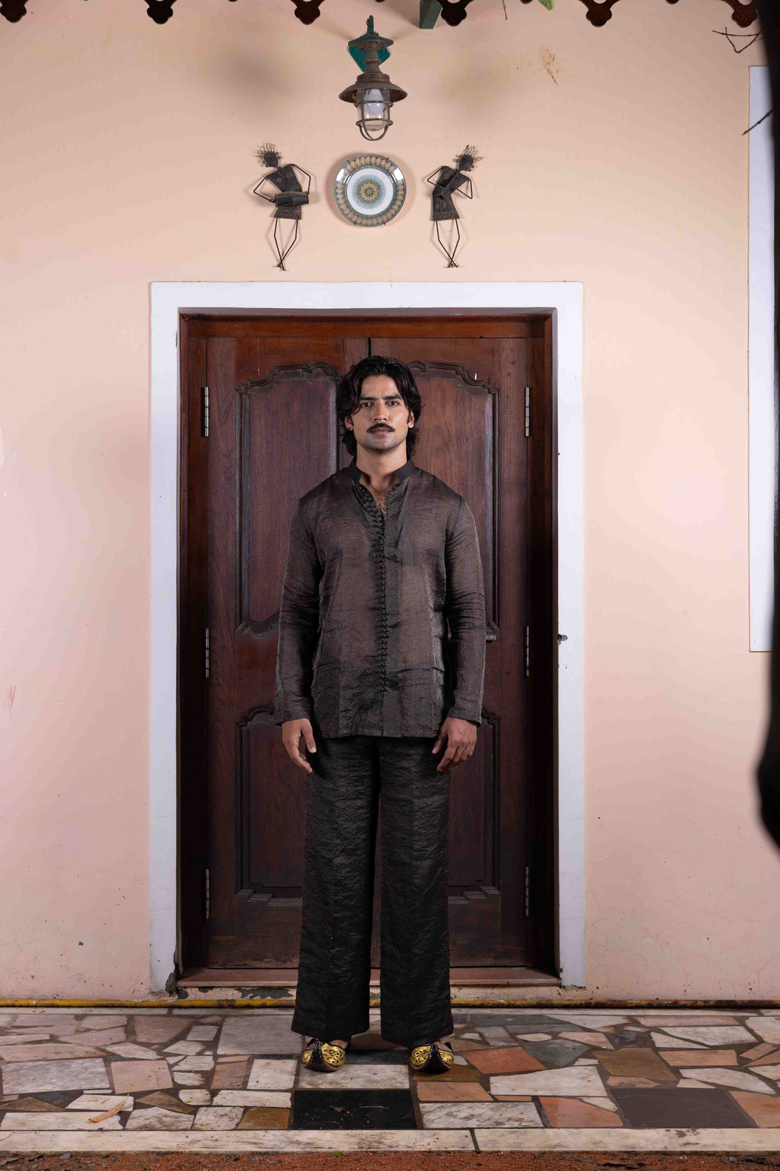 Jade tussar silk jacket with floral kasab and zardozi jaal work paired with textured tissue potli button shirt and flared pant Nafsstore