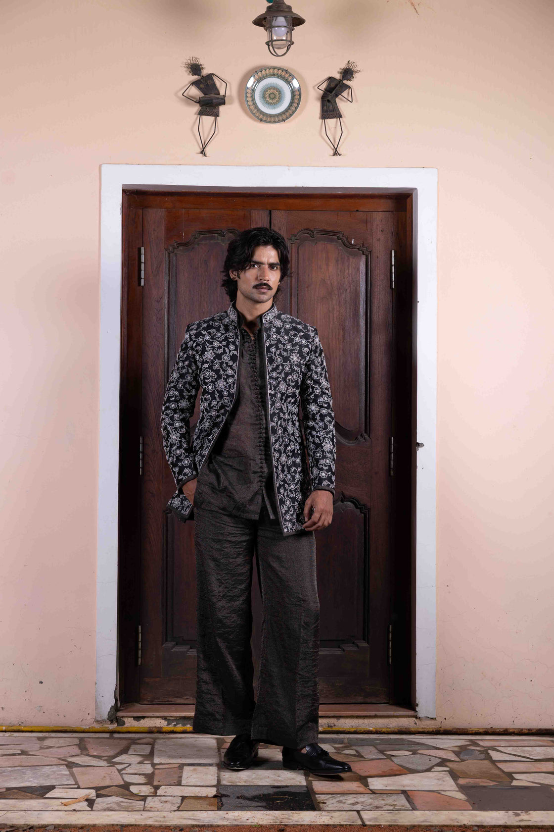 Jade tussar silk jacket with floral kasab and zardozi jaal work paired with textured tissue potli button shirt and flared pant Nafsstore