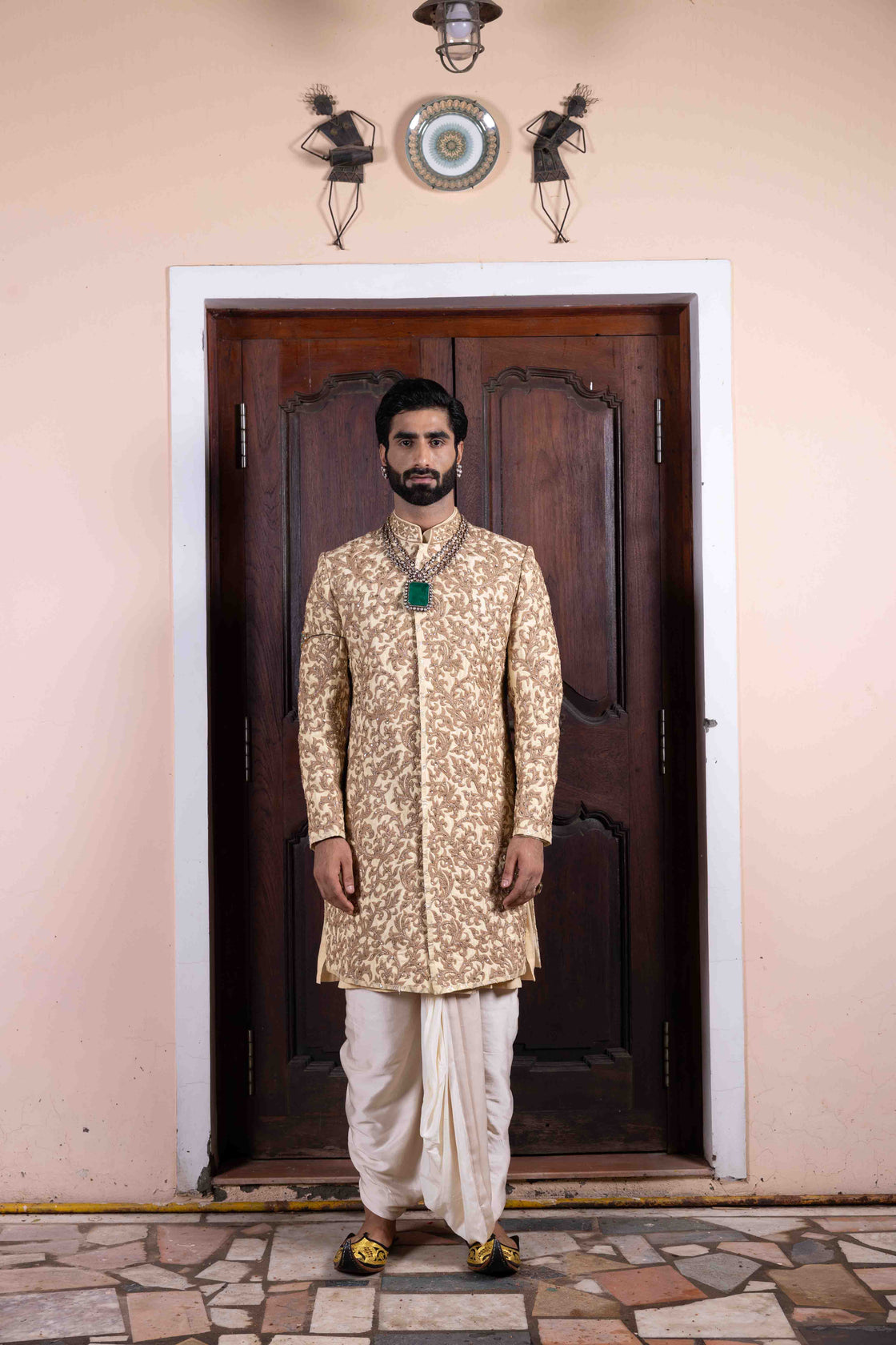Pecan pie tussar silk sherwani with vine inspired dori and zardozi embroidery paired with ivory bemberg satin dhoti Nafsstore