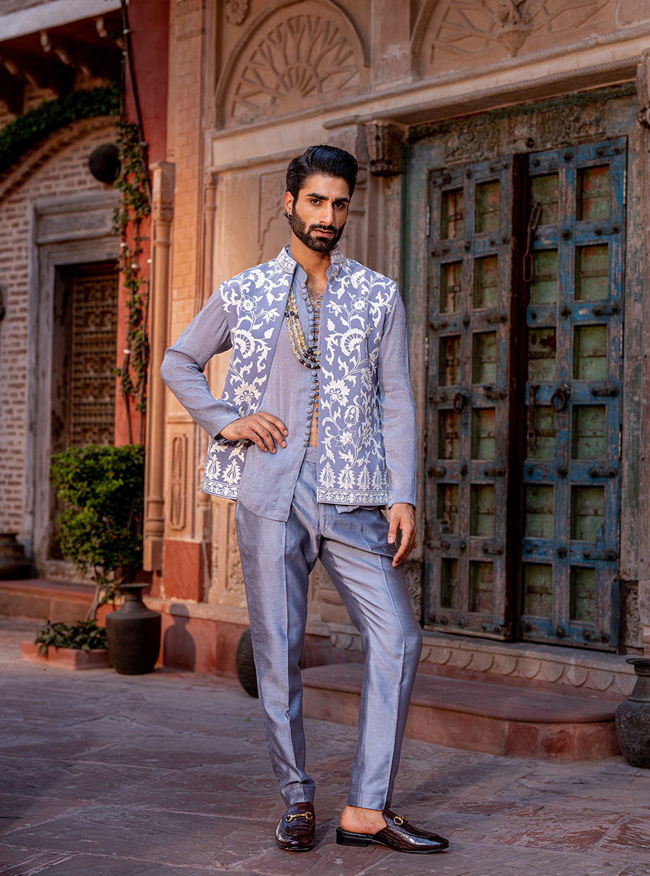 STEEL GREY SHIMMER SHIRT + CHANDERI PANT PAIRED WITH LACHKA BUNDI EXAGGERATED WITH RESHAM AND KASAB DORI WORK Nafsstore