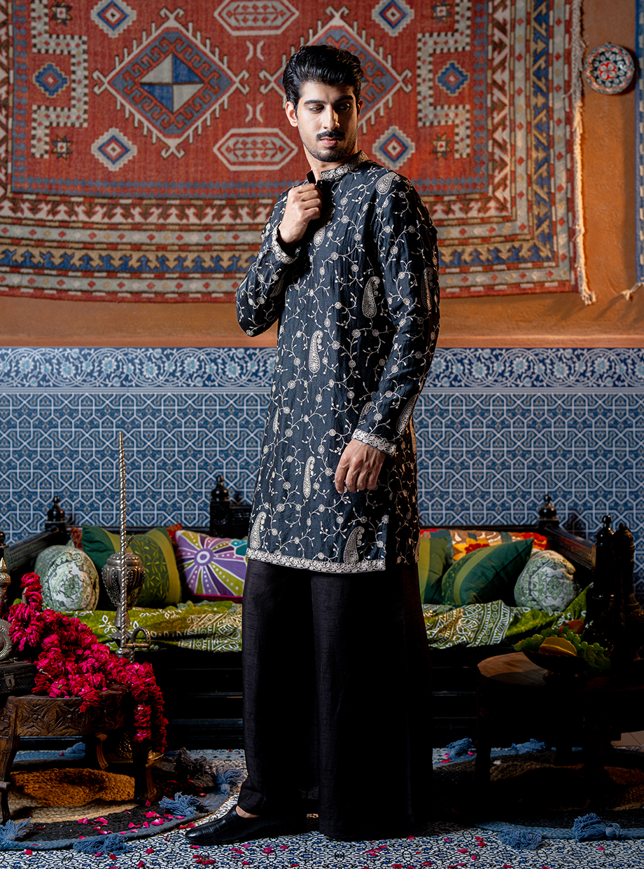 RAVEN BLACK CHANDERI KURTA WITH PAISELY EMBROIDERY PAIRED WITH TUSSAR SILK PANTS Nafsstore