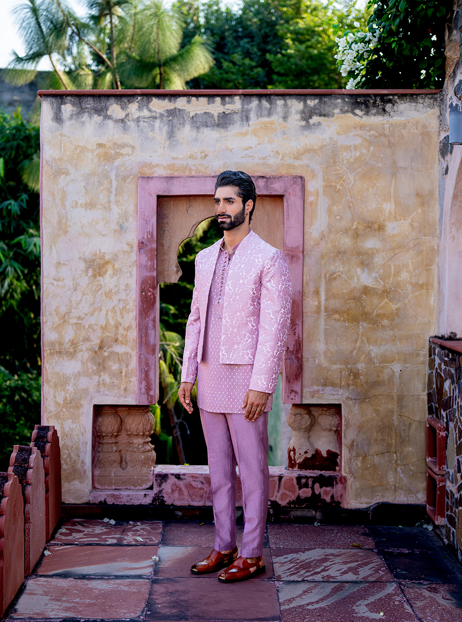 ONION PINK CHANDERI ROSE TEXTURED JACKET PAIRED WITH CHANDERI BROCADE SHORT KURTA + CHANDERI PANT Nafsstore