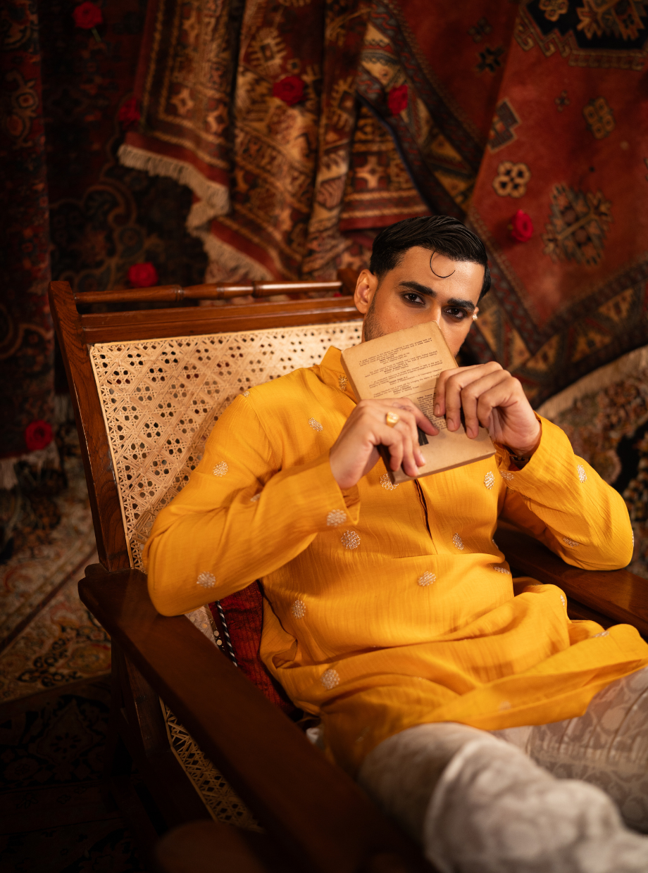 Mango yellow Chanderi kurta with floral gold dori work Nafsstore