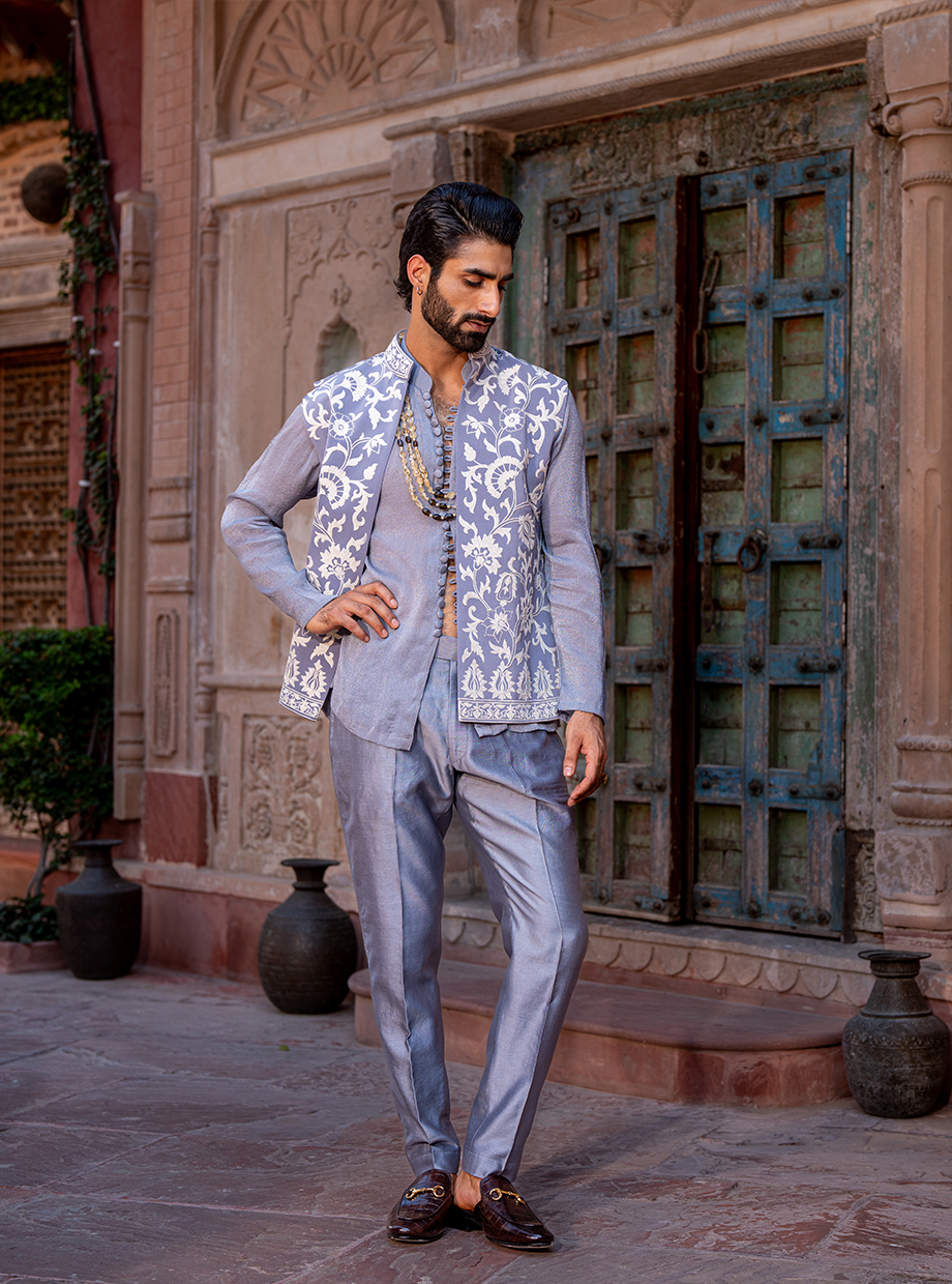 STEEL GREY SHIMMER SHIRT + CHANDERI PANT PAIRED WITH LACHKA BUNDI EXAGGERATED WITH RESHAM AND KASAB DORI WORK Nafsstore