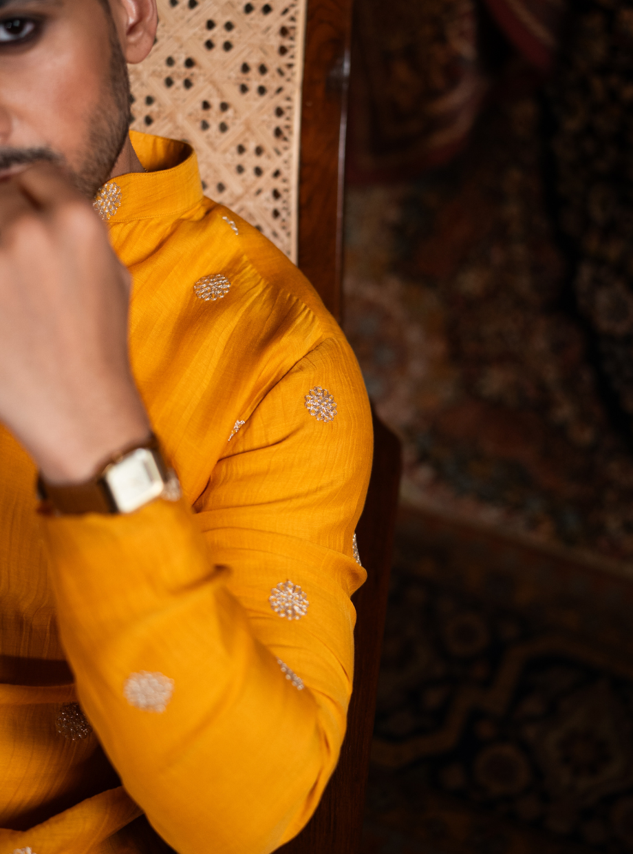 Mango yellow Chanderi kurta with floral gold dori work Nafsstore