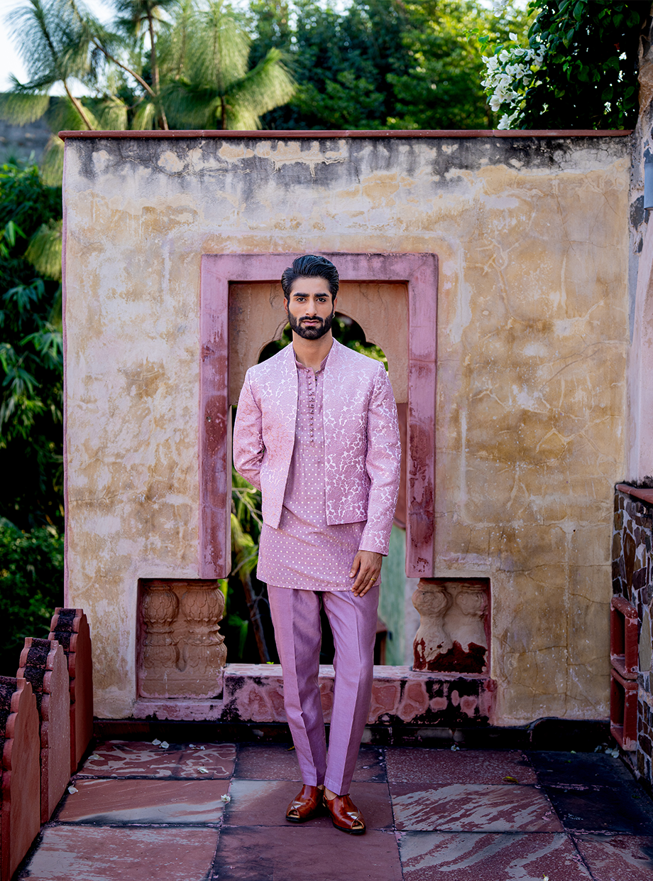 ONION PINK CHANDERI ROSE TEXTURED JACKET PAIRED WITH CHANDERI BROCADE SHORT KURTA + CHANDERI PANT Nafsstore