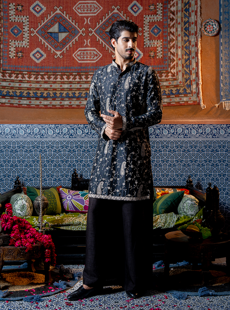 RAVEN BLACK CHANDERI KURTA WITH PAISELY EMBROIDERY PAIRED WITH TUSSAR SILK PANTS Nafsstore