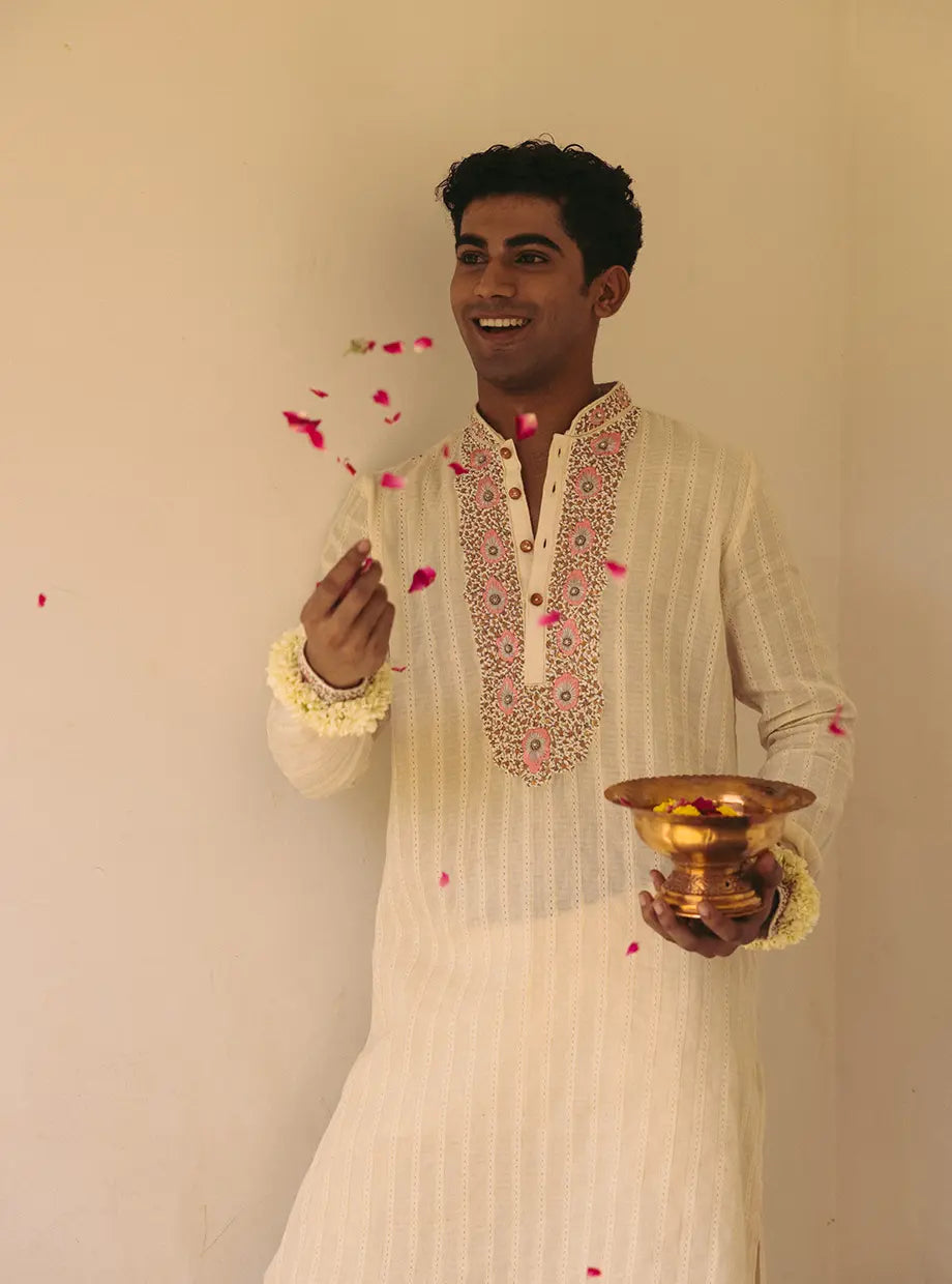 COTTON WITH GOLD LUREX KURTA EXAGGERATED WITH ROSE HAND EMBROIDERED ZARDOZI STYLED WITH A DOTTED COTTON PANT My Store