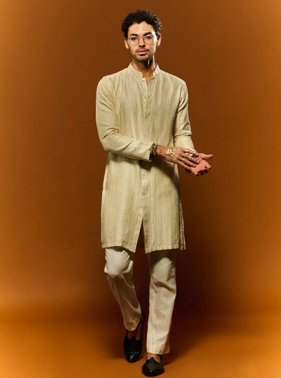 IVORY CHANDERI OPEN STYLE KURTA SET WITH ZARI EMBROIDERY PAIRED WITH WHITE COTTON GLAZE PANT My Store