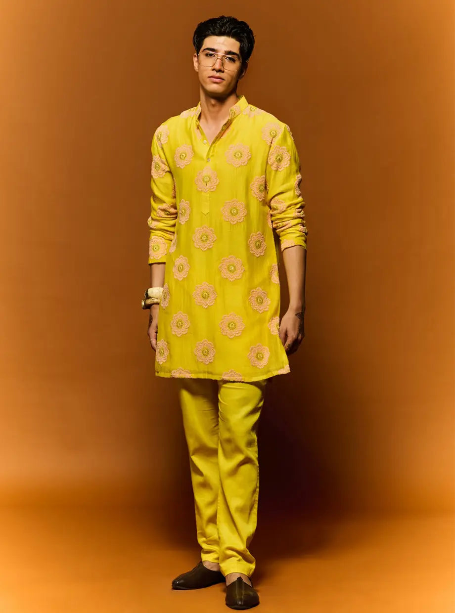 YELLOW CHANDERI KURTA SET ELABORATED WITH FLORAL EMBROIDERY PAIRED WITH A YELLOW GLAZE COTTON PANT My Store