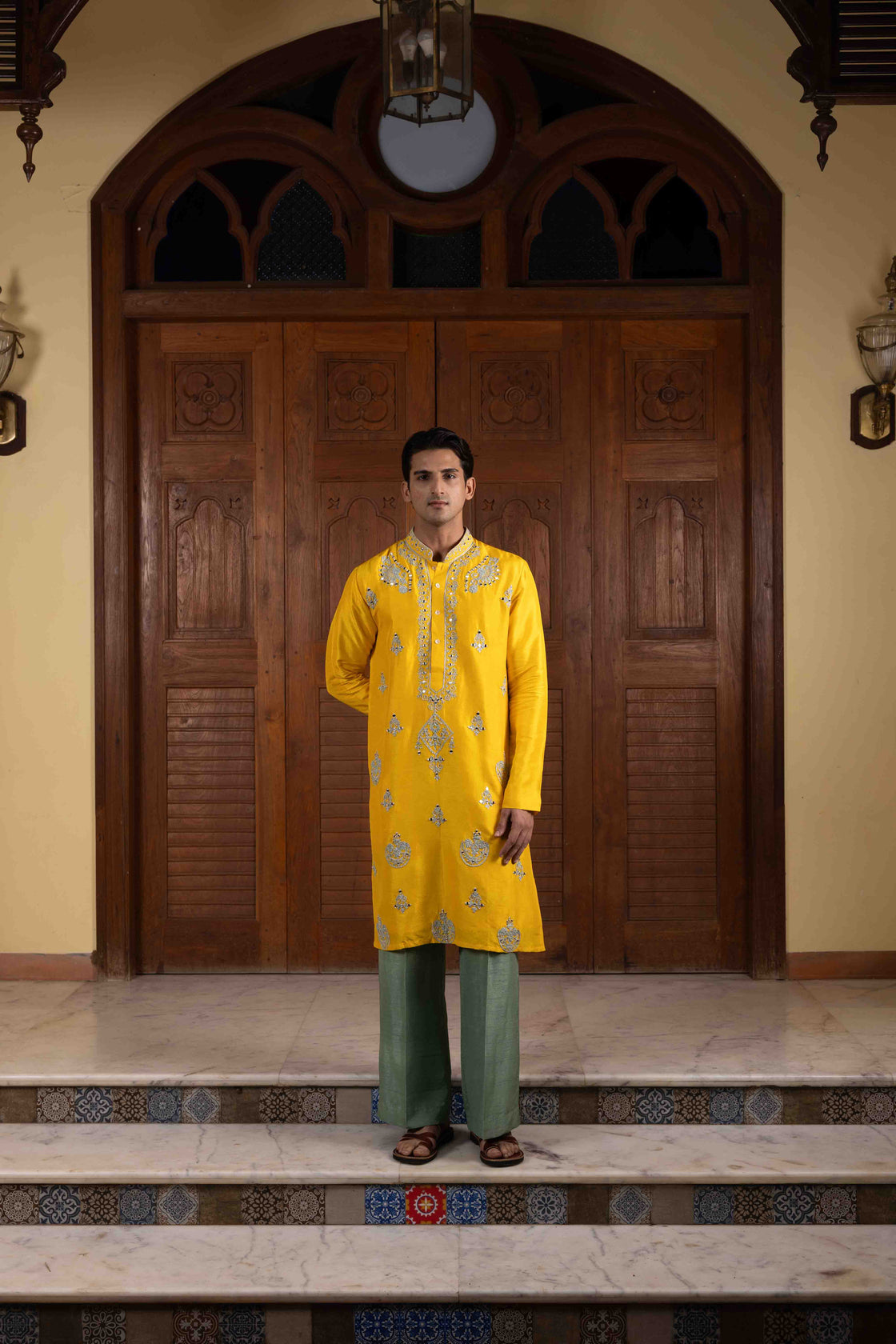 Sunflower yellow tussar silk kurta with silver and green kasab, resham and mirror dori work with sage green tussar silk flared pant Nafsstore