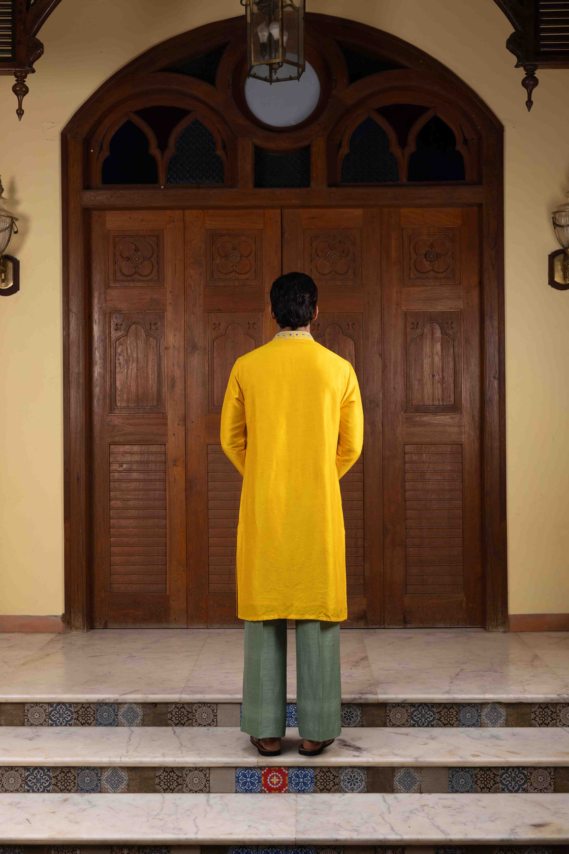 Sunflower yellow tussar silk kurta with silver and green kasab, resham and mirror dori work with sage green tussar silk flared pant Nafsstore