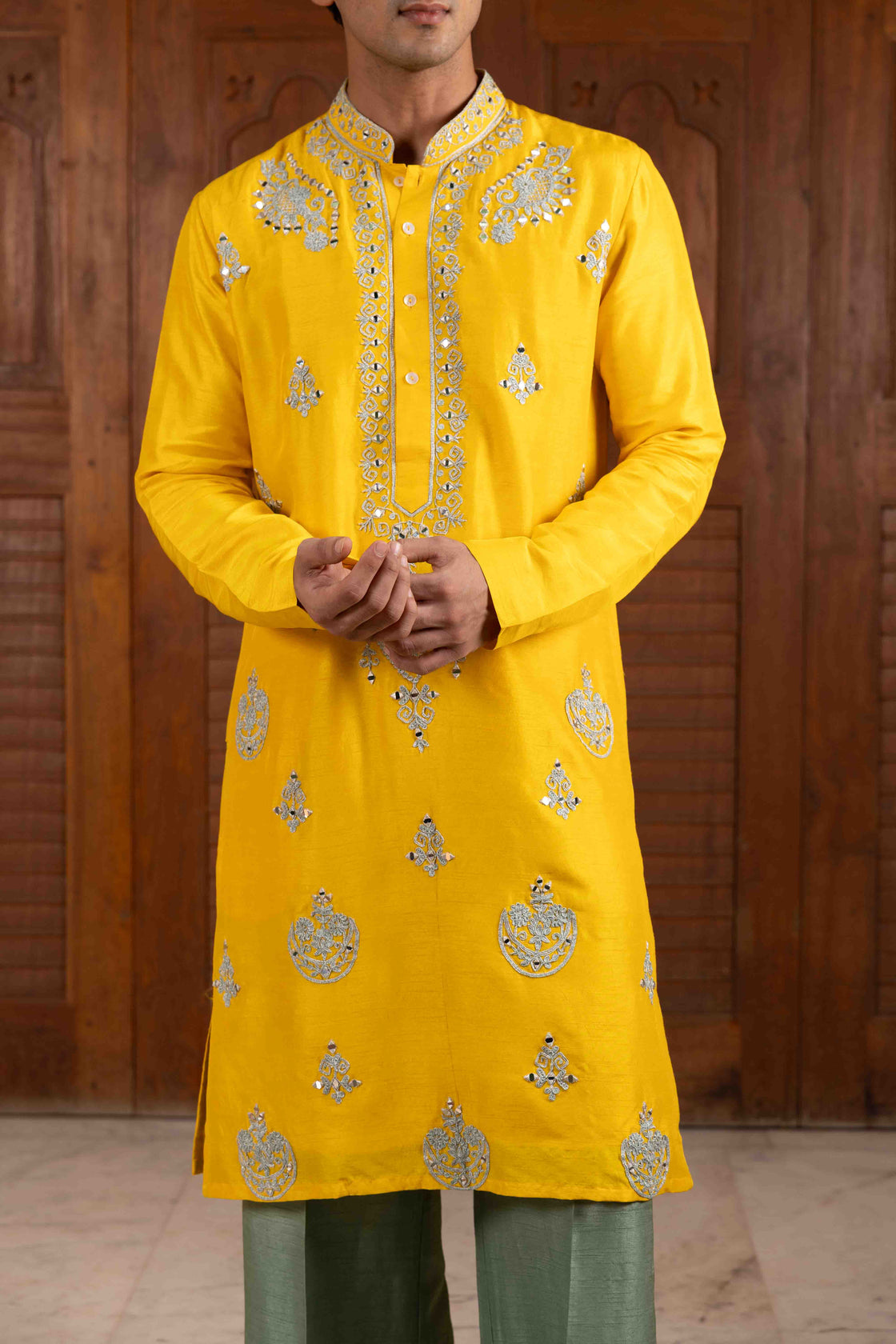 Sunflower yellow tussar silk kurta with silver and green kasab, resham and mirror dori work with sage green tussar silk flared pant Nafsstore