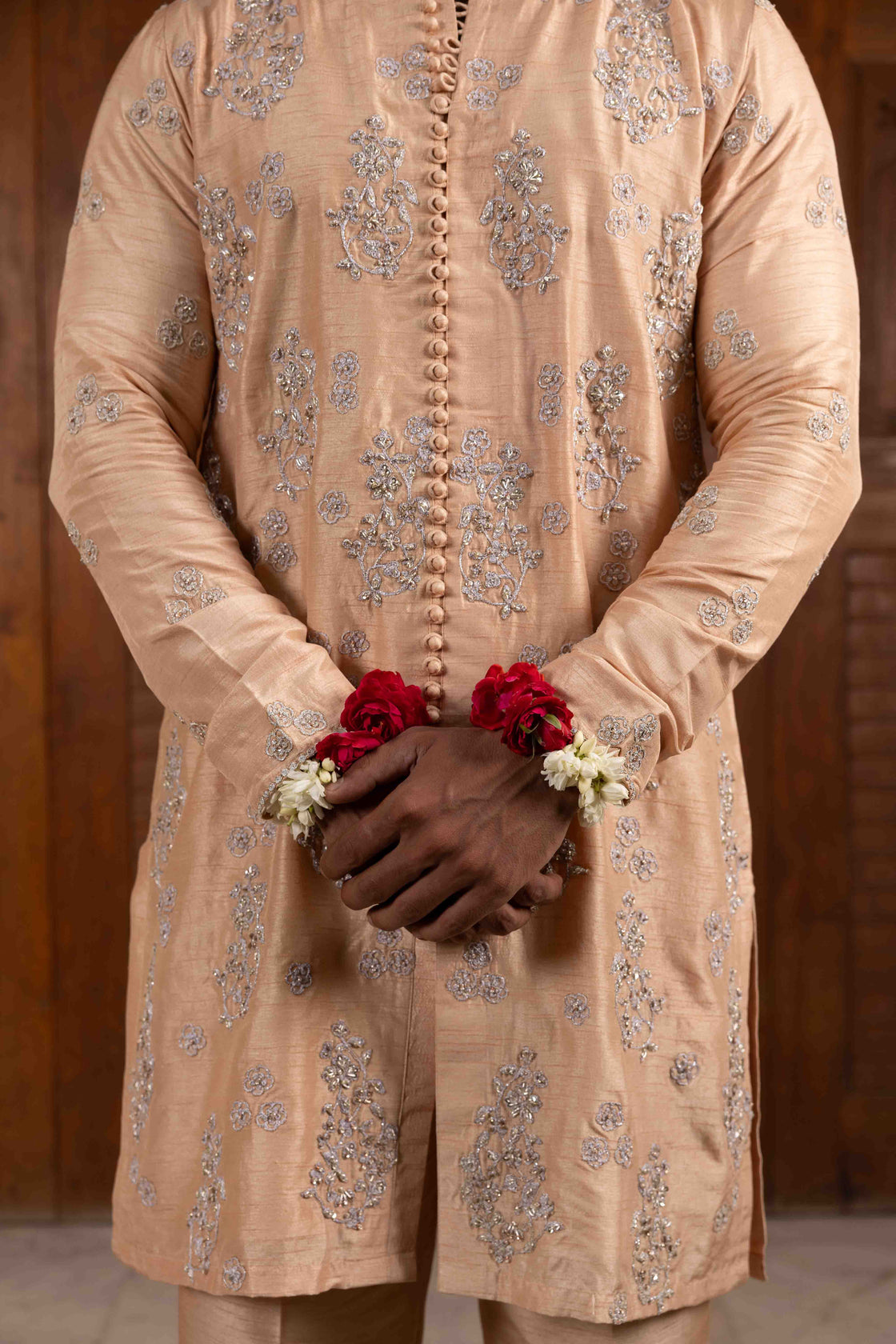 Almond tussar silk open styled potli buttoned kurta with floral kasab dori and zardozi work with almond tussar silk flared pant Nafsstore
