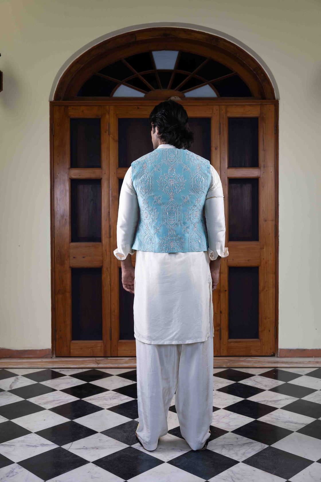 Ferozi tussar silk Koti with floral vase with jaal work paired with ivory pathani set Nafsstore