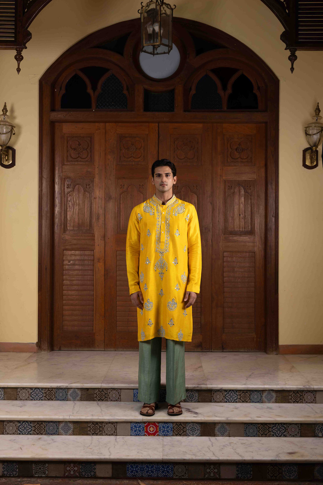 Sunflower yellow tussar silk kurta with silver and green kasab, resham and mirror dori work with sage green tussar silk flared pant Nafsstore