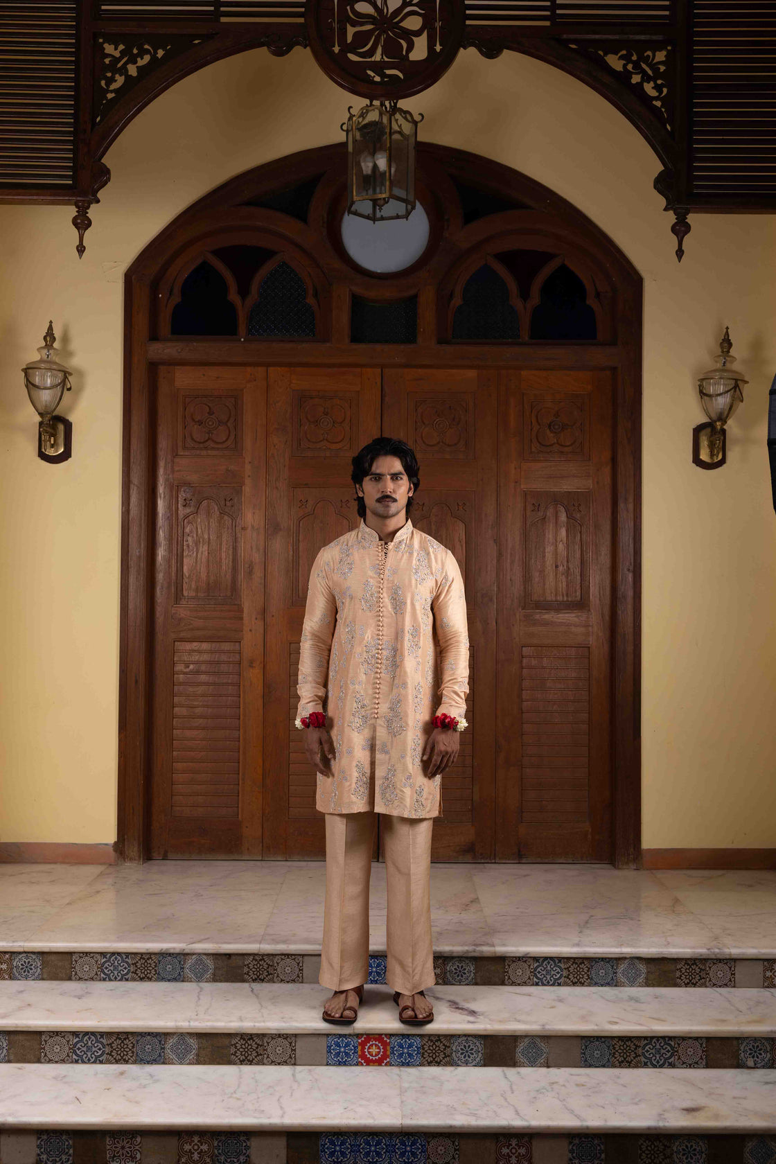 Almond tussar silk open styled potli buttoned kurta with floral kasab dori and zardozi work with almond tussar silk flared pant Nafsstore