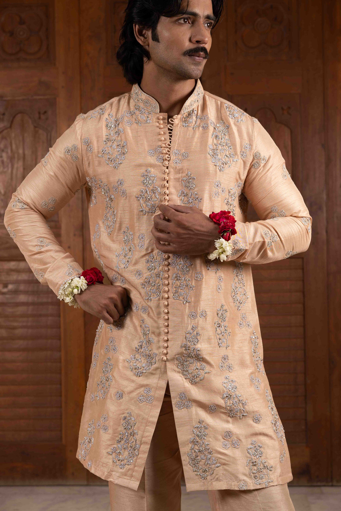 Almond tussar silk open styled potli buttoned kurta with floral kasab dori and zardozi work with almond tussar silk flared pant Nafsstore