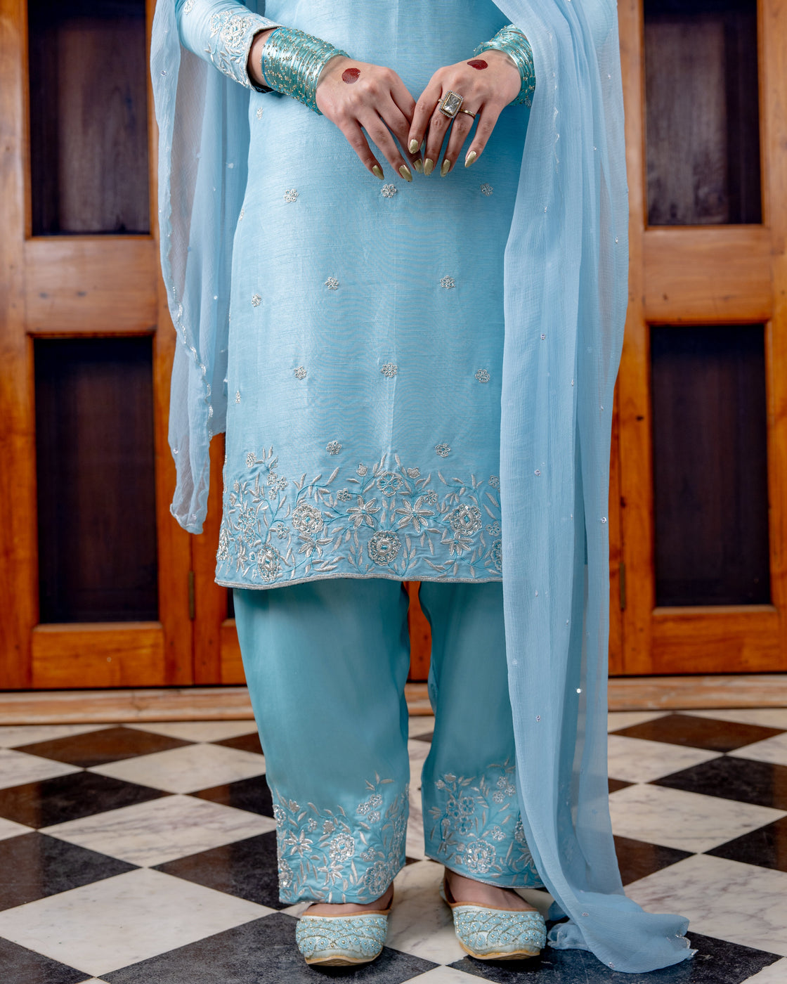 Ferozi tussar silk key hole kurta with resham, kasab zardozi work paired with bemberg satin farshi salwar and chiffon scallop dupatta Nafsstore