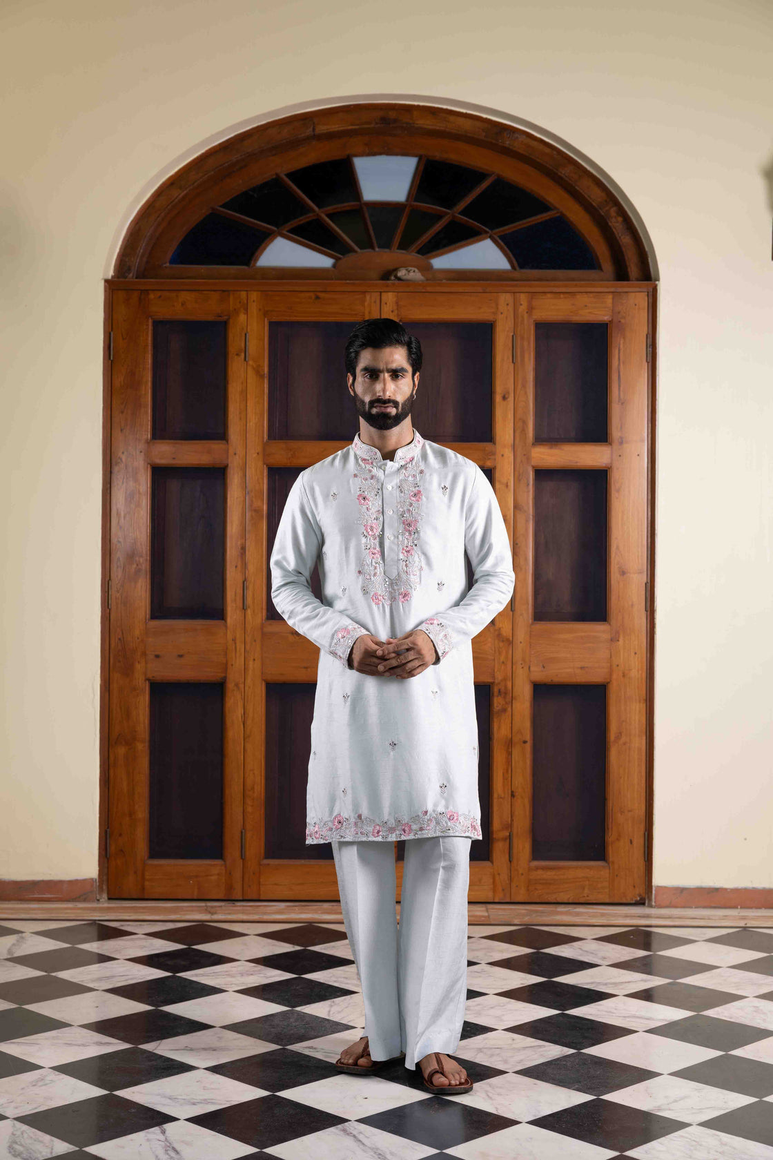 Light steel blue tussar silk kurta with resham, kasab, mirror floral kurta with buttis across with light steel blue tussar silk flared pant Nafsstore