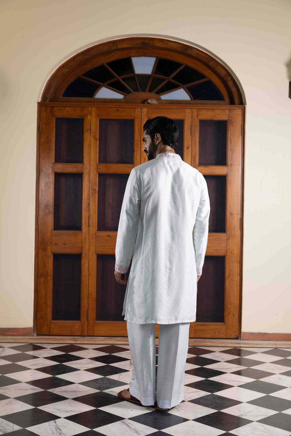 Light steel blue tussar silk kurta with resham, kasab, mirror floral kurta with buttis across with light steel blue tussar silk flared pant Nafsstore