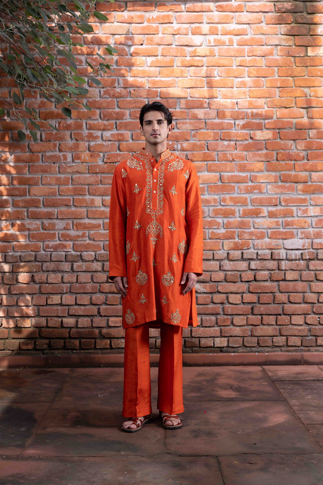 Rust tussar silk kurta with resham, kasab dori and mirror work with rust tussar silk flared pant Nafsstore