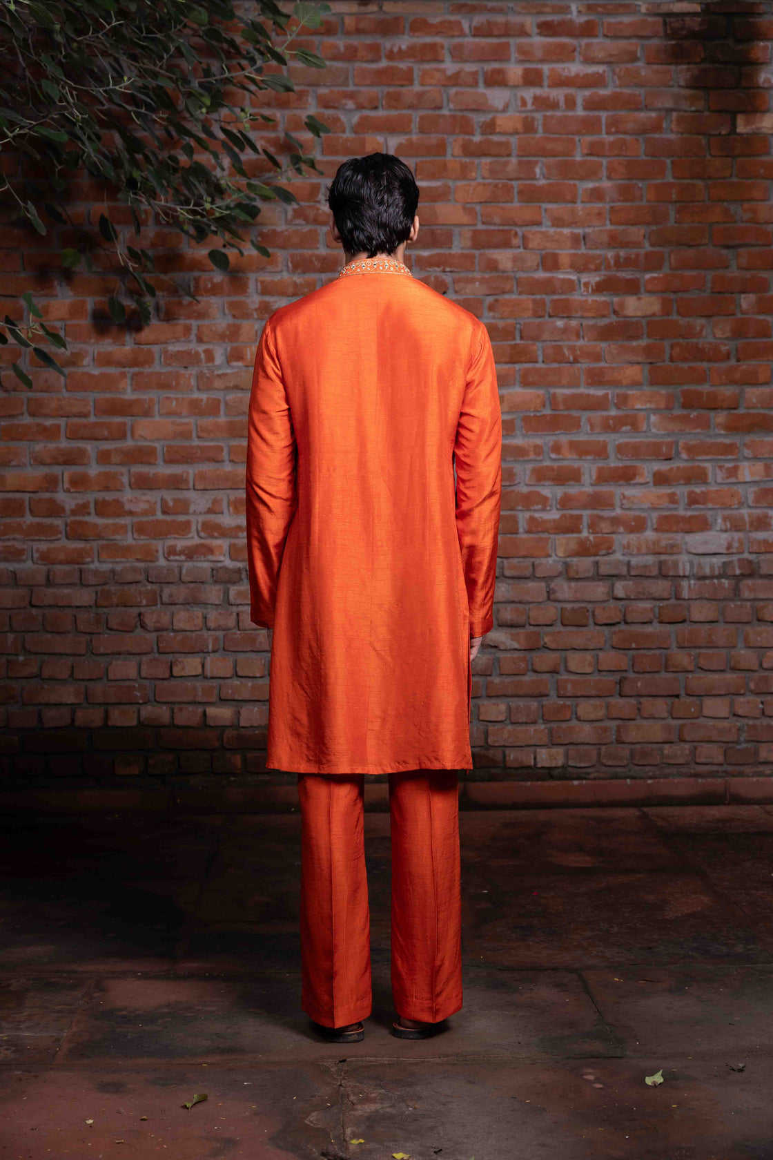 Rust tussar silk kurta with resham, kasab dori and mirror work with rust tussar silk flared pant Nafsstore