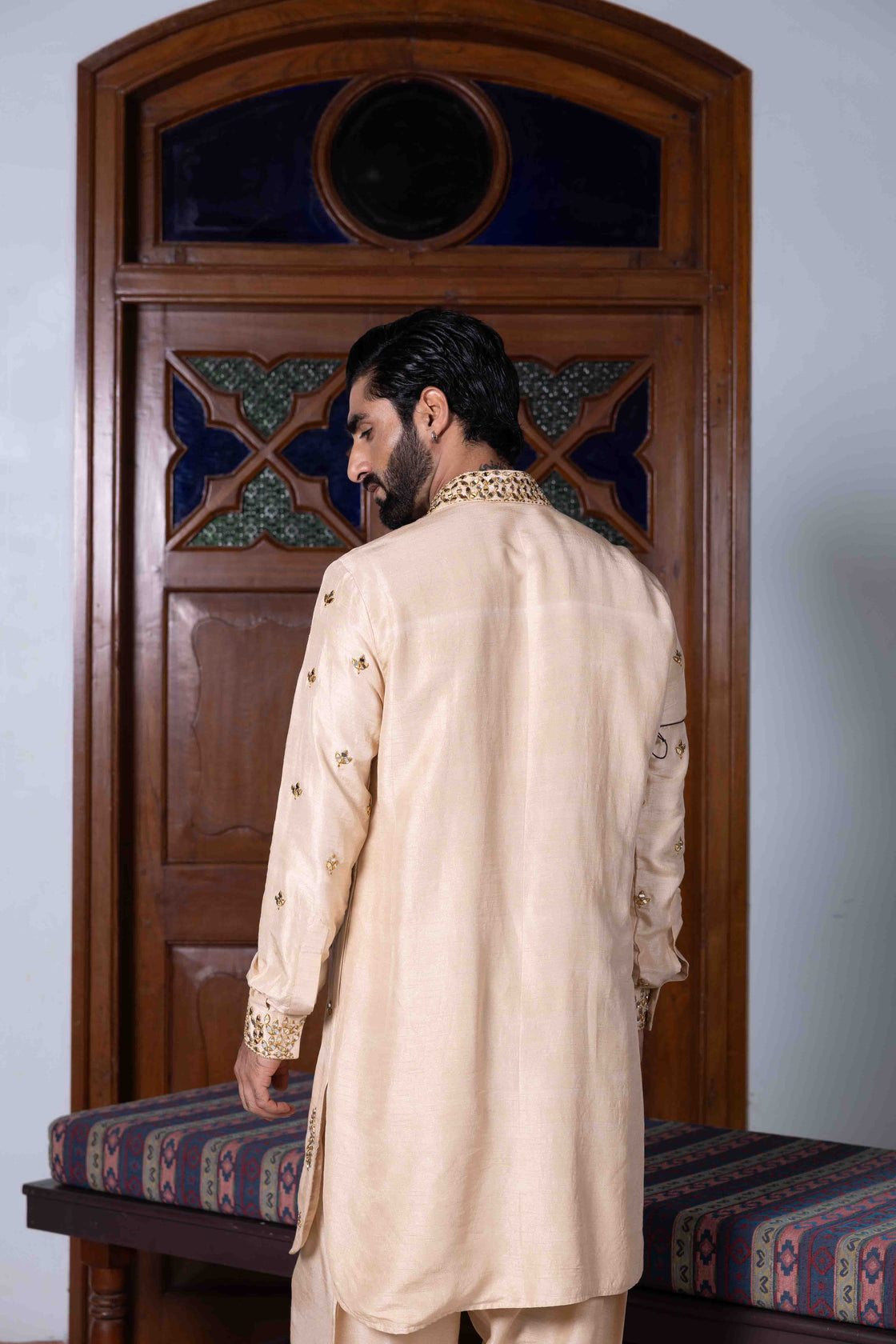 Sand tussar silk kasab and mirror work pathani set Nafsstore