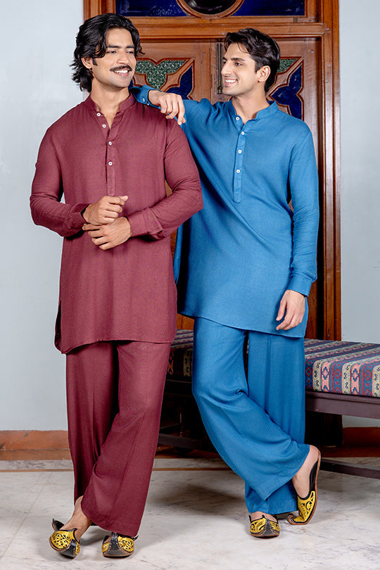 Cobalt blue twill kurta farshi set with zardozi heart detailing Nafsstore