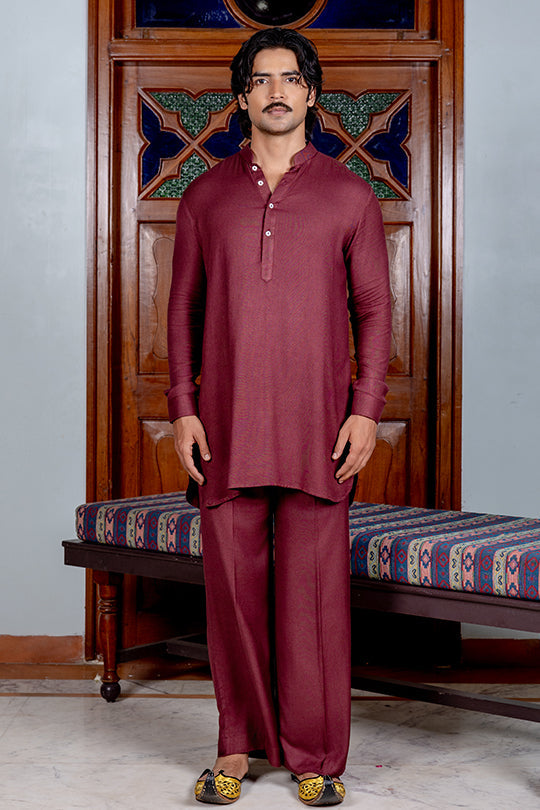 Garnet twill kurta farshi set with zardozi heart detailing Nafsstore