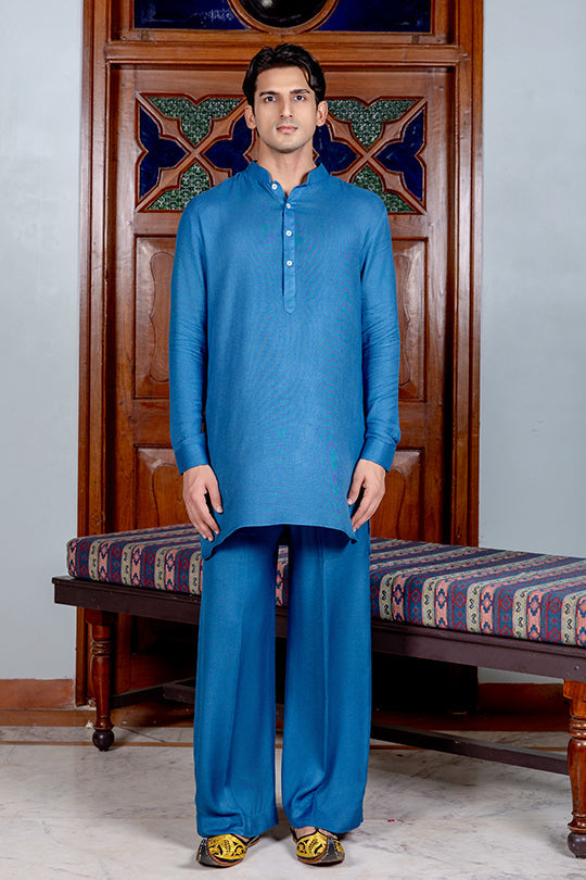 Cobalt blue twill kurta farshi set with zardozi heart detailing Nafsstore