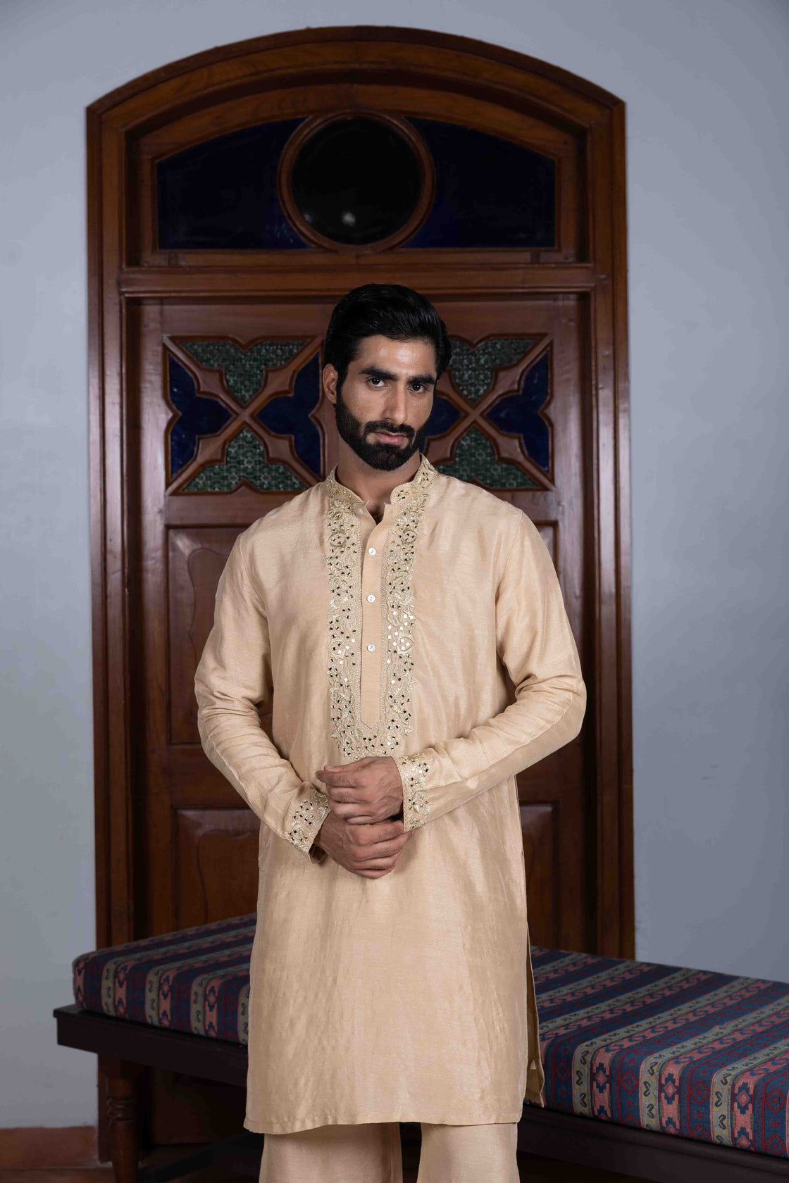 Sand tussar silk kurta with gold kasab and mirror work paired with sand tussar silk flared pant Nafsstore