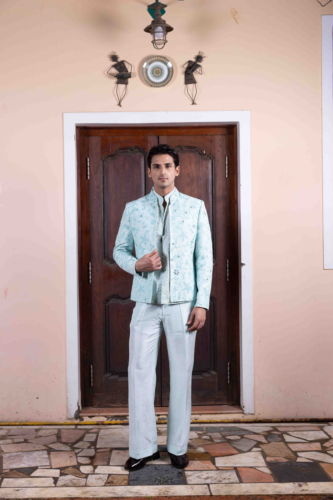 Aqua tussar silk jacket with resham, kasab and mirror dori work paired with chevron chanderi mandarin collar shirt and tussar silk flared pant Nafsstore