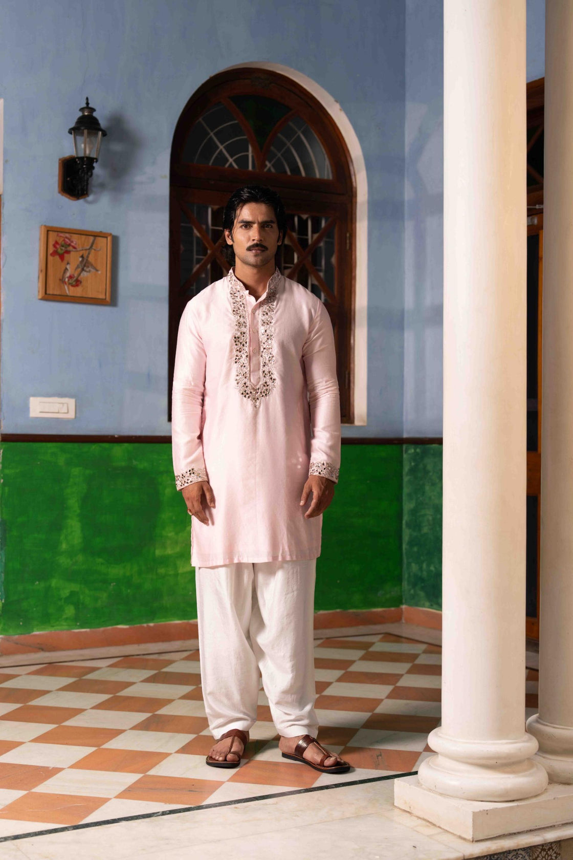 Roohafza pink tussar silk kurta with rose gold kasab and mirror work paired with white tussar silk pajama Nafsstore