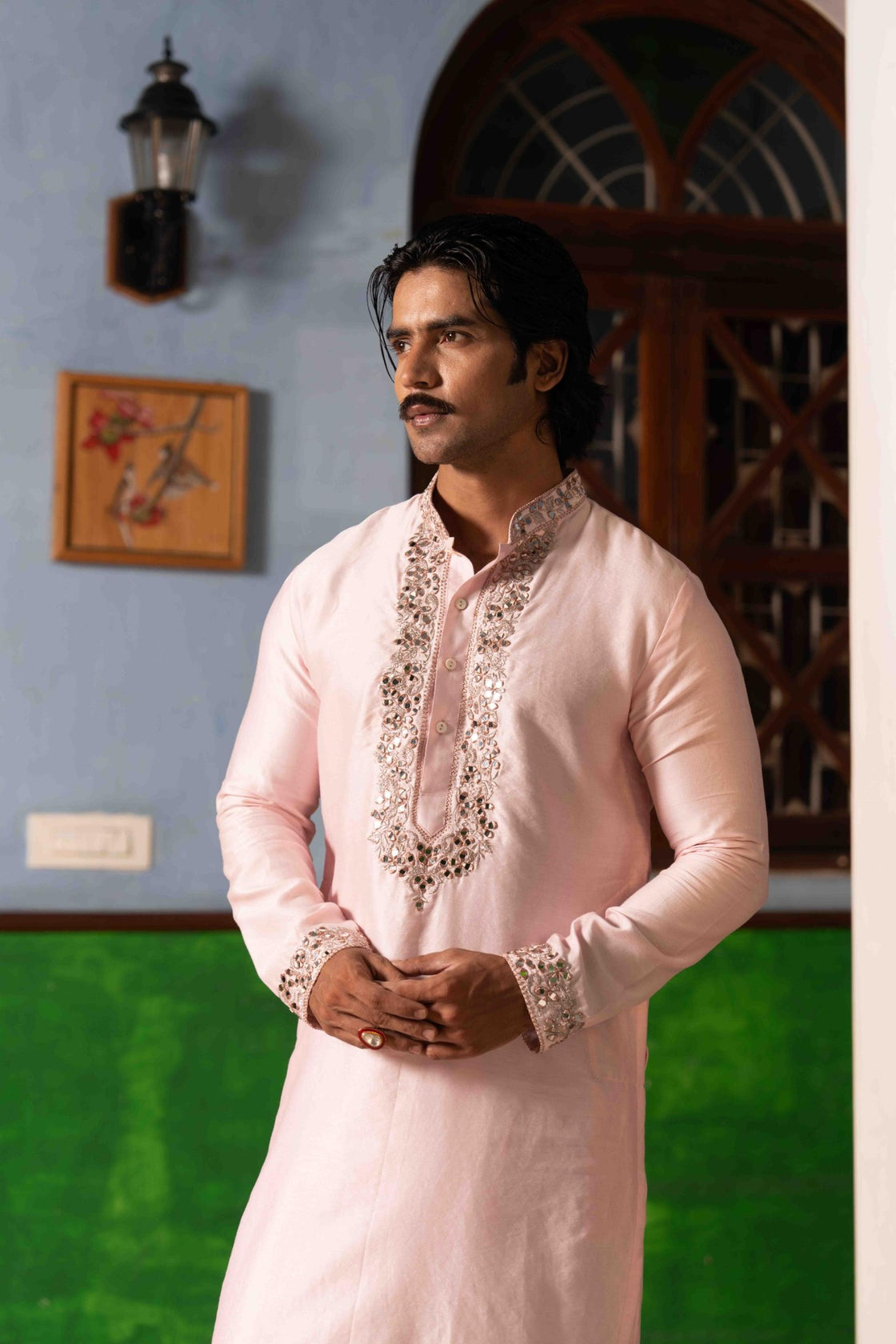 Roohafza pink tussar silk kurta with rose gold kasab and mirror work paired with white tussar silk pajama Nafsstore