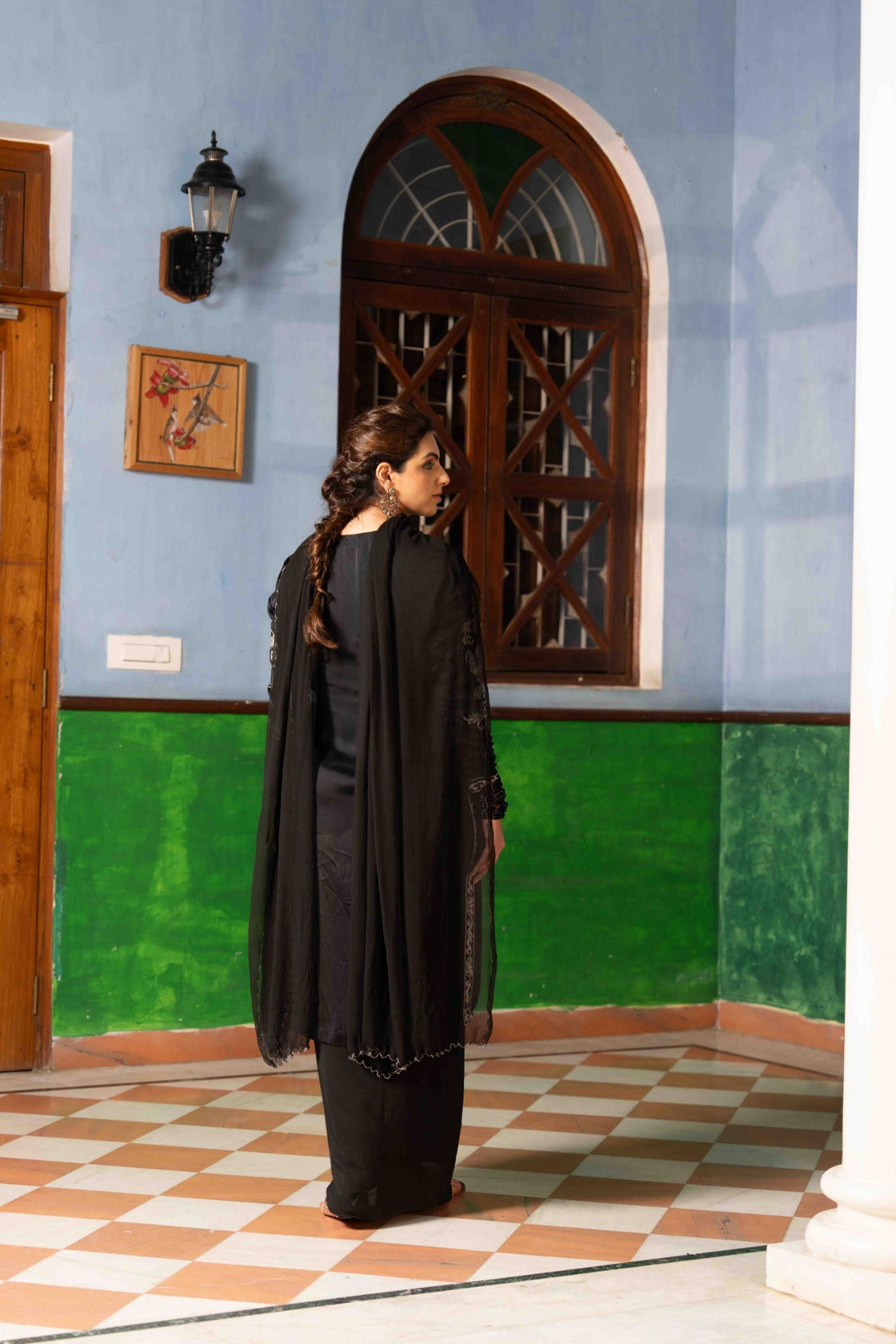 Jade bemberg satin kurta with kasab and zardozi embroidery paired with crepe draped dhoti and chiffon scallop dupatta Nafsstore