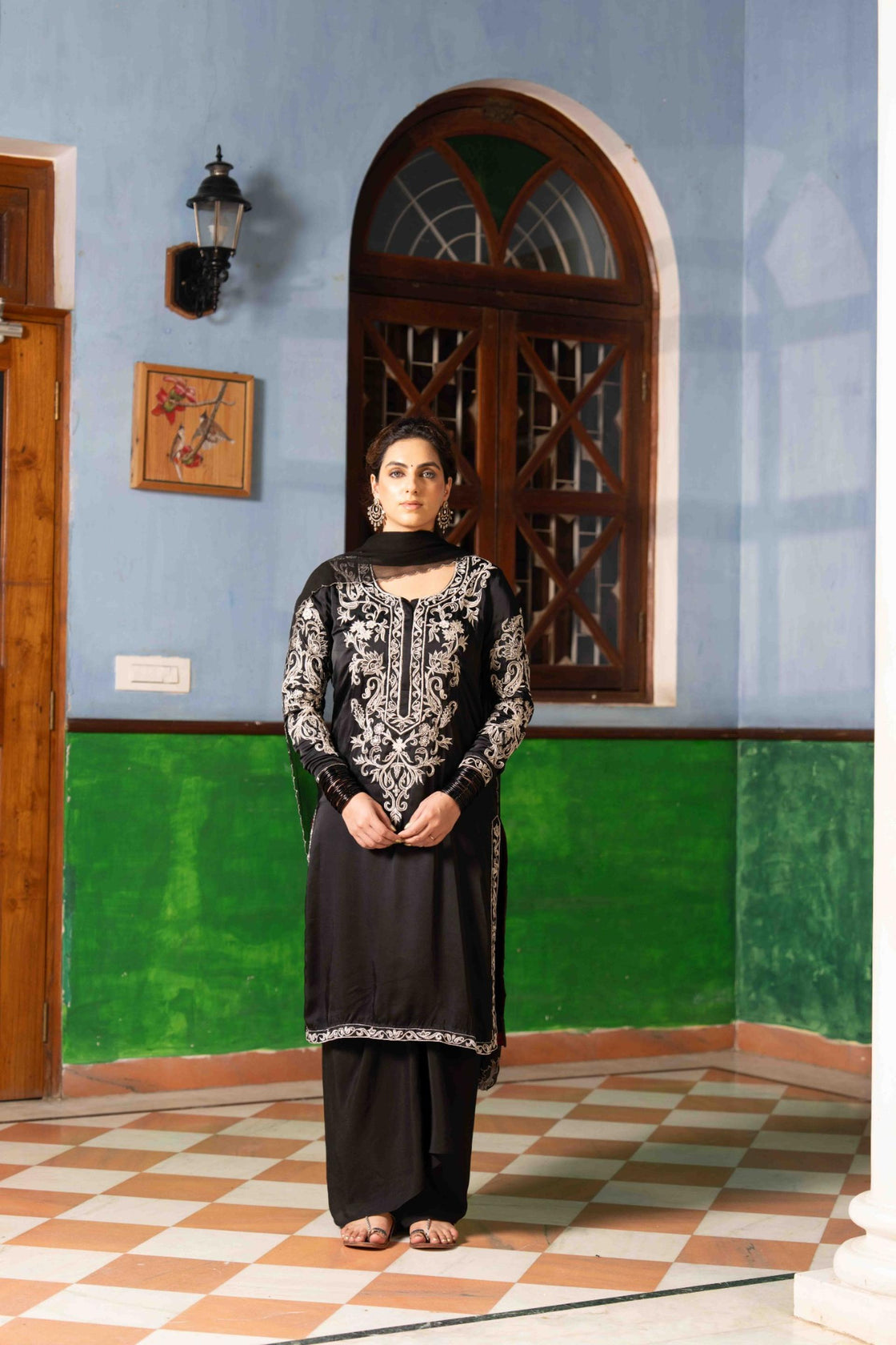 Jade bemberg satin kurta with kasab and zardozi embroidery paired with crepe draped dhoti and chiffon scallop dupatta Nafsstore