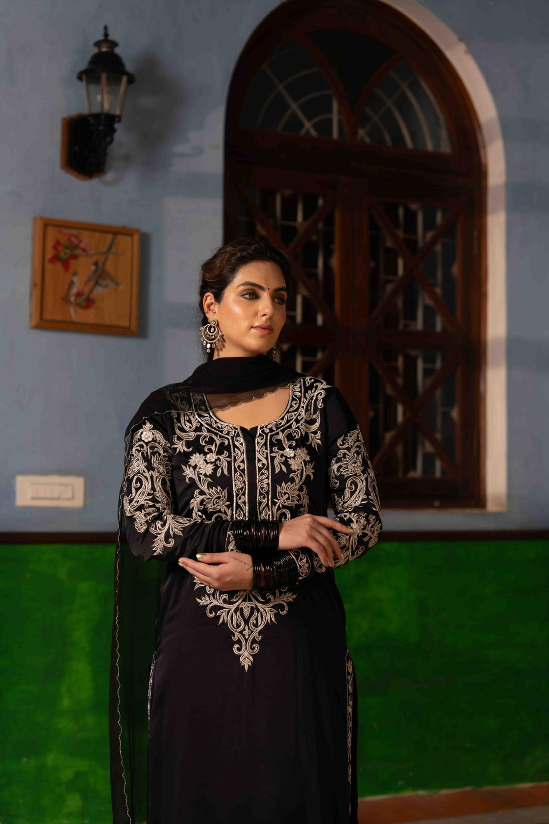 Jade bemberg satin kurta with kasab and zardozi embroidery paired with crepe draped dhoti and chiffon scallop dupatta Nafsstore