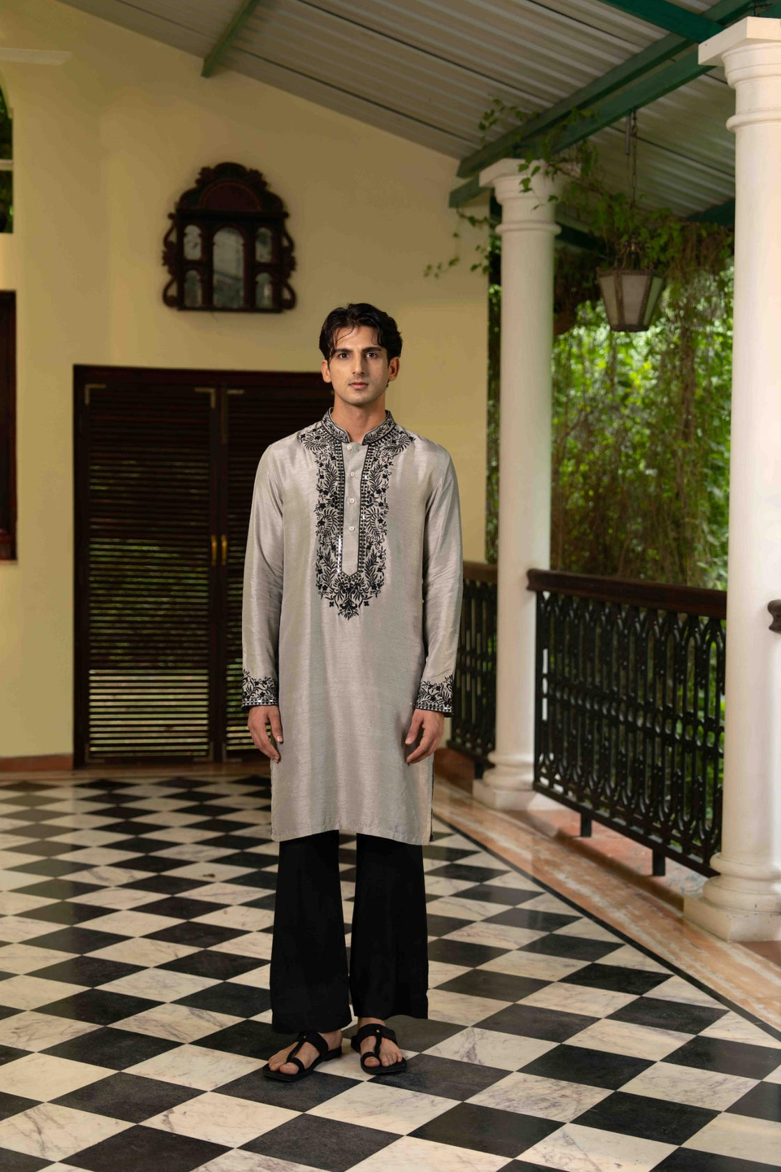 Slate grey tussar silk kurta with charcoal resham mirror work Kurta with raven black tussar silk pant Nafsstore